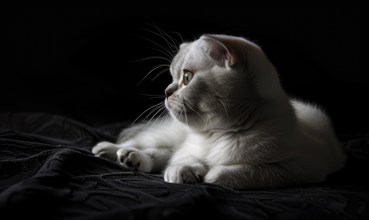 Side view of a white kitten in a dark setting, appearing tranquil under soft lighting AI generated
