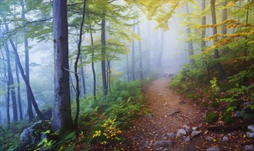 A tranquil forest trail with green and yellow foliage in a misty, atmospheric setting AI generated