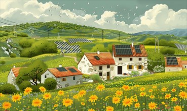 Rural landscape with houses sporting solar panels amidst fields, hills, and blooming flowers AI
