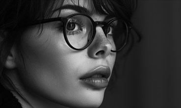 Black and white side profile of a woman with glasses and freckles in high contrast AI generated
