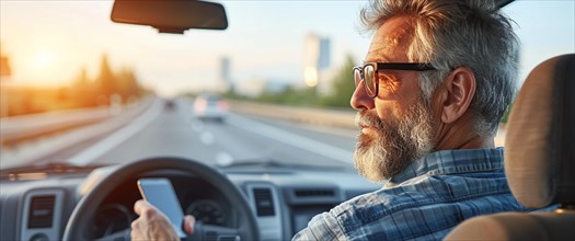 Senior man with glasses using smartphone while driving at sunset, AI generated