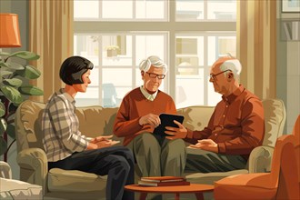 An animated elderly couple with a family member, engaged in discussion with a tablet, AI generated