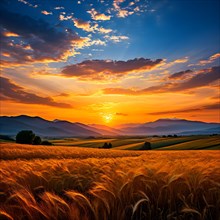 Golden wheat field under a vibrant summer sunset, AI generated