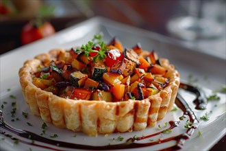 Close-up of a vibrant vegetable tart on a plate with garnishing, AI generated