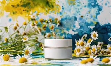 Cosmetic jar blank mockup placed on a serene watercolor chamomile background AI generated