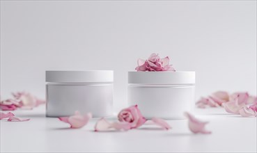 Two creme jar blank mockups adorned with delicate flower petals AI generated