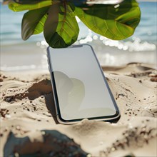 Smartphone mockup with a blank screen on a tranquil beach background, travel and tourism AI