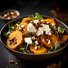 Roasted pumpkin and crumbled goat cheese nestled in an autumn salad, AI generated