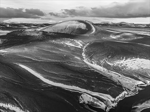 Overgrown river landscape and volcanic landscape, drone image, black and white image, Fjallabak