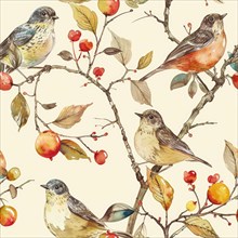 Seamless watercolor pattern featuring bird motifs in a vintage-inspired design AI generated