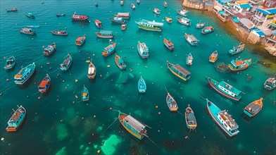 Aerial view of colorful boats in a vibrant fishing harbor, AI generated