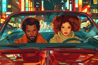 Illustrated couple driving through neon-lit cityscape at night, illustration, AI generated