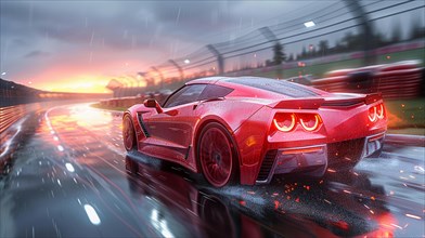Red sports car speeding on a rainy track with stormy skies overhead, AI generated