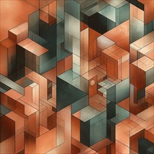 Three-dimensional geometric abstraction with interlocking cubes in warm orange tones, AI generated