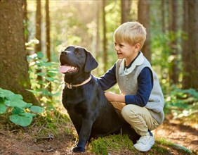 Dog, young black Labrador travelling in the forest with a boy, child, 5 years, AI generated, AI