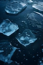 Ice chunks floating in dark oil slicked water showing the impact of oil spills on polar regions, AI