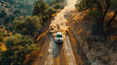 A vehicle stirs up smoke on a dusty hillside road amidst greenery, action sports photography, AI
