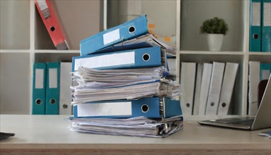 A pile of blue folders on a modern office desk, symbolising bureaucracy, AI generated, AI generated