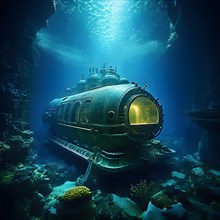 Deep sea submersible bathed in artificial light navigates through murky waters, AI generated, deep