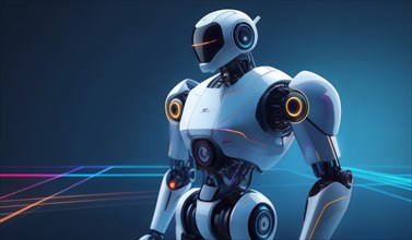 Advanced robot with orange eye highlights in a futuristic scene with neon lighting, ai generated,