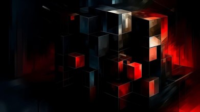 An intense abstract of a dark, glowing 3D cube cluster with predominant red highlights and deep