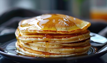 Close-up of syrup being drizzled on a stack of golden brown pancakes AI generated
