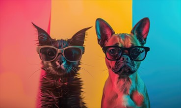 Stylish cat and dog wear sunglasses, against a boldly colored background AI generated