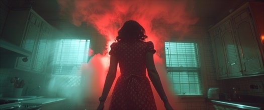 Silhouette of a woman in a polka dot dress standing in a dim kitchen with red light, creepy mood,
