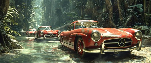 Classic red Mercedes-Benz cars standing in water in a jungle scene with clear reflections, AI