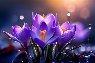 Crocuses in the early morning glistening with dew greet the sunrise, AI generated