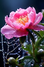 Morning dew on spider web on a blooming peony, AI generated