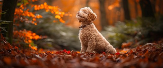 A curly-coated Lagotto dog sits among autumn leaves looking upward with a serene gaze, AI generated