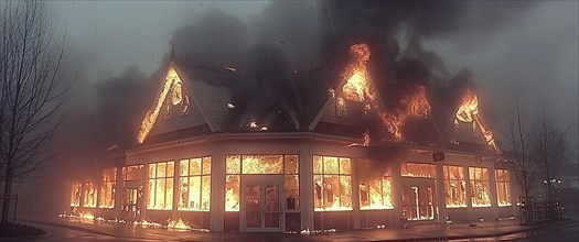 Fiery blaze engulfs a building at night, with dangerous smoke and flame, AI generated