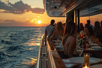 People dining on a luxury yacht with a stunning ocean sunset in the backdrop, AI generated