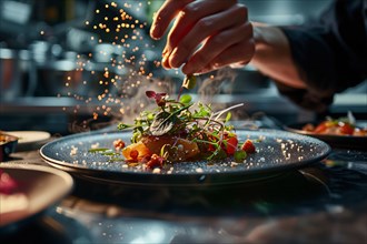 A chef garnishes a dish with microgreens, with dynamic sparks flying around, AI generated