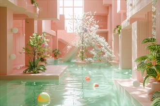 Pastel-colored architecture with a tranquil indoor pool and fantastical elements, AI generated