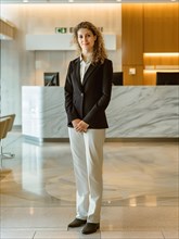 Confident woman in a black suit standing in a corporate environment with a marble background, AI