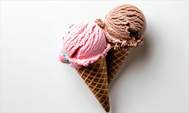 Neapolitan ice cream cones on white background AI generated