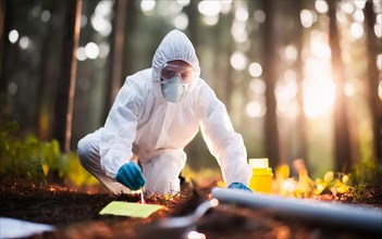 Securing evidence at a crime scene in the forest, KTU, forensic investigation by the criminal