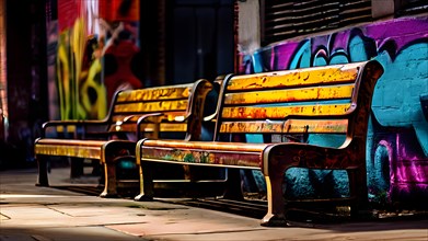 Urban park bustling with daily life paint splattered graffiti adorning the timeworn benches, AI