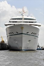 AMADEA, close-up of the bow of a moored cruise ship under a clear sky, Hamburg, Hanseatic City of