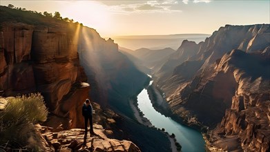 Hiker positioned on the edge of a rugged cliff with panoramic canyon with a winding river expanse