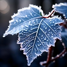 Frost patterns delicately trace the surface of a leaf against a snow laden forest, AI generated