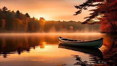 Solitary canoe rests on mist shrouded lake at dawn autumnal forest, AI generated