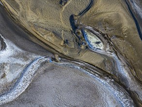 Overgrown river landscape, drone shot, Fjallabak Nature Reserve, Sudurland, Iceland, Europe
