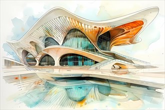 Futuristic architecture with fluid, organic shapes depicted in soft watercolor pastel tones, AI