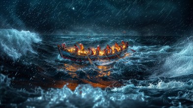 Group in a boat wearing life jackets rowing in the rainy ocean at night with waves around them, AI
