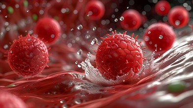 A 3D rendering of virus cells interacting with red blood cells in a splash effect, AI generated