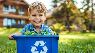 Joyful child with a big smile sitting inside a blue recycling bin on a grassy field, waste