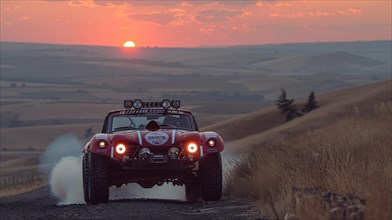 Classic rally car racing on a dusty road at sunset, AI generated